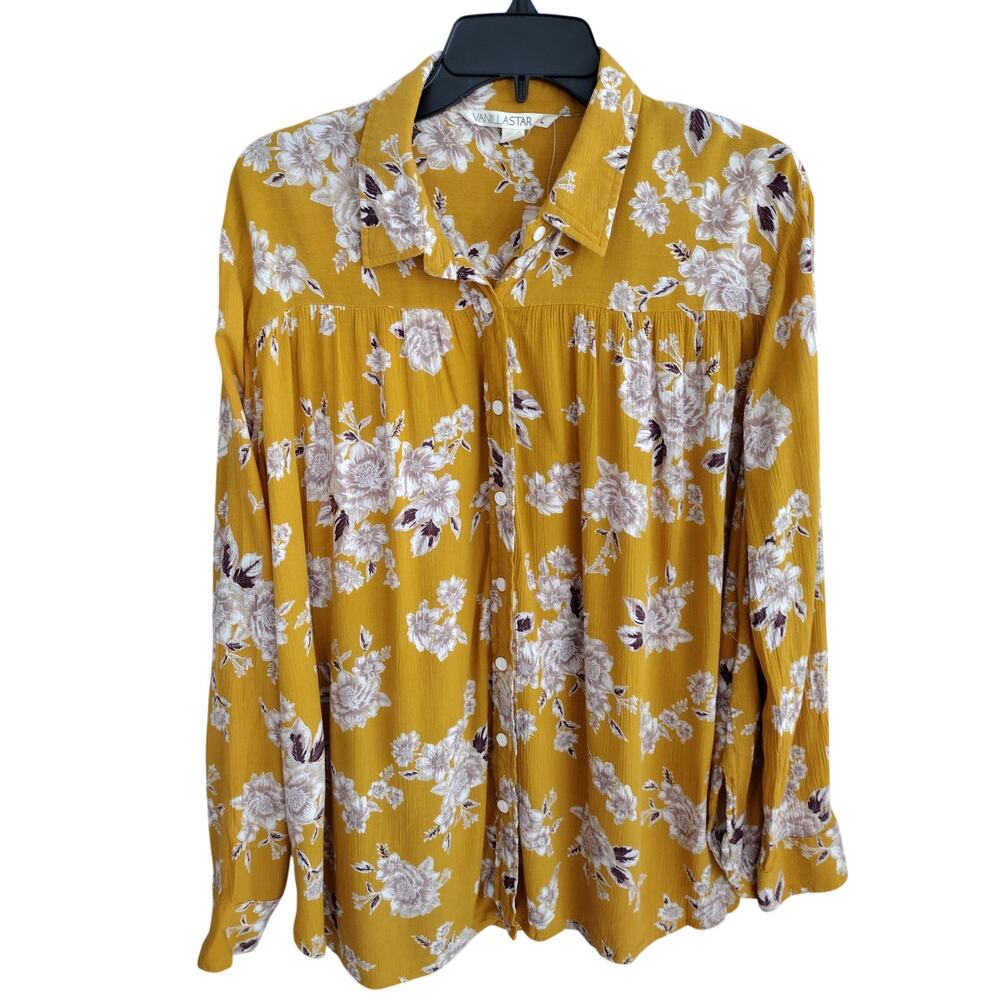 Vanilla Star Mustard Yellow Floral Drapey Long-Sleeve Button-Up Shirt Large FLAW